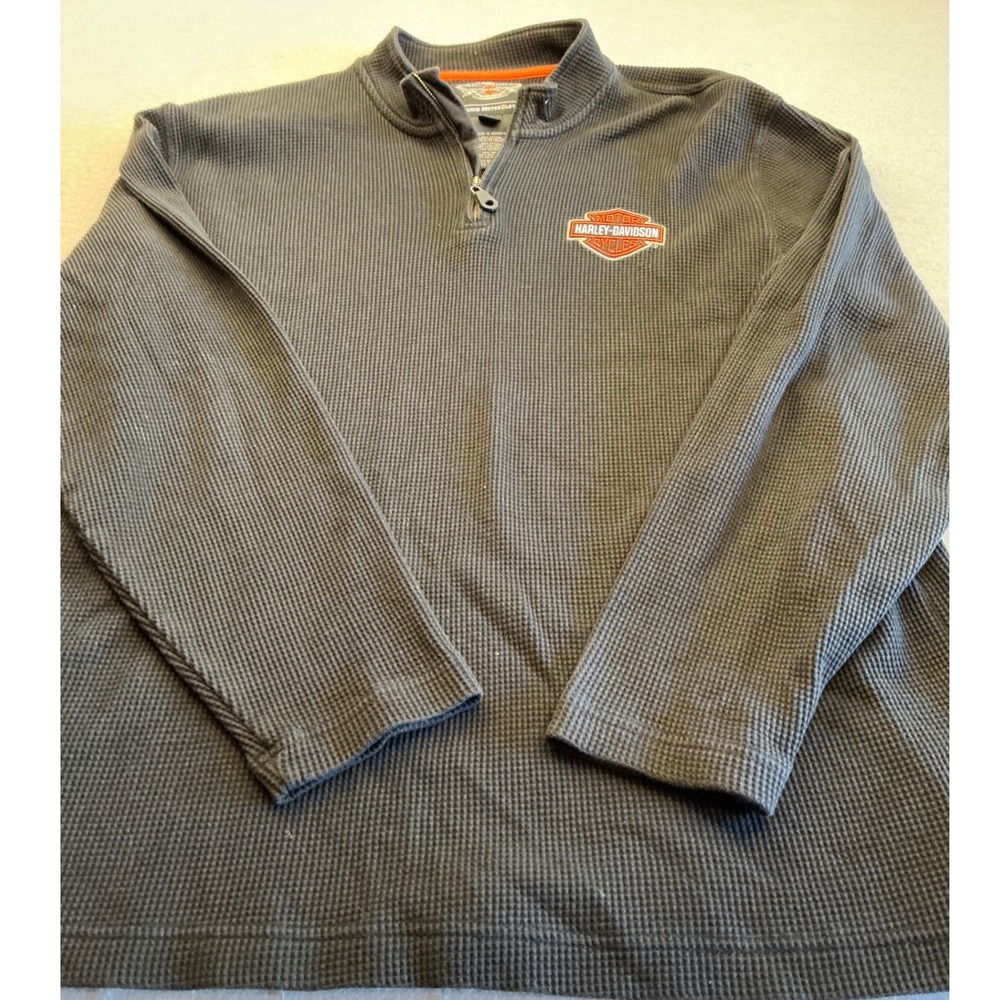 Harley-Davidson Quarter Zip Waffle Knit Pullover Embroidered Logo Gray XL Casual